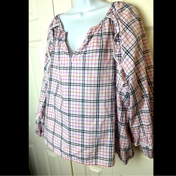 J.CREW Plaid Ruffle Trim Peasant Top Blouse Shirt Ivory Pink Blue Eyelet Light - Picture 6 of 13